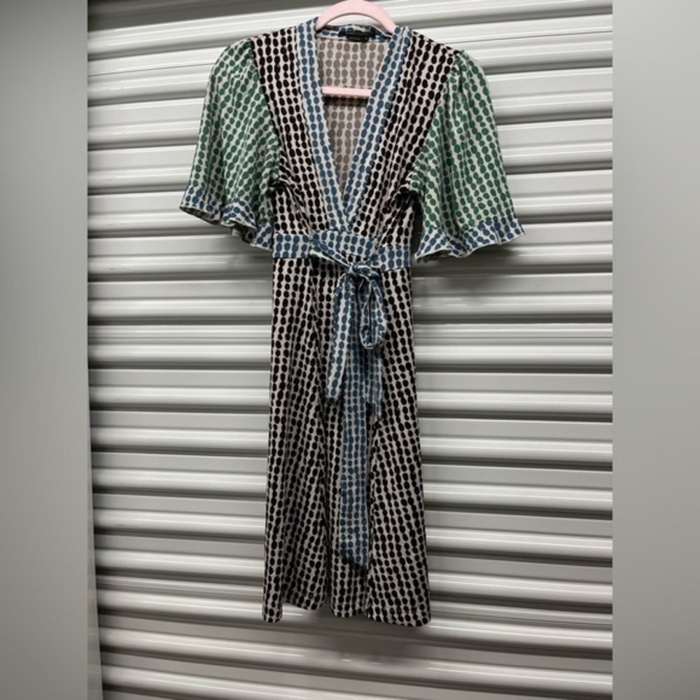 BCBGMaxAzria Brown and Blue Wrap Midi Dress